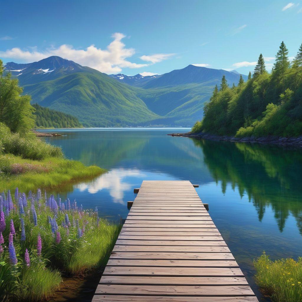 A tranquil scene of Anchorage's Sunny Bay Area, featuring a serene blue bay gently lapping at the shore, surrounded by lush green mountains under a clear blue sky. Include a cozy wooden pier with a couple of people enjoying the view, and soft sunlight casting reflections on the water. Emphasize a peaceful atmosphere with wildflowers in the foreground. vibrant colors. super-realistic.