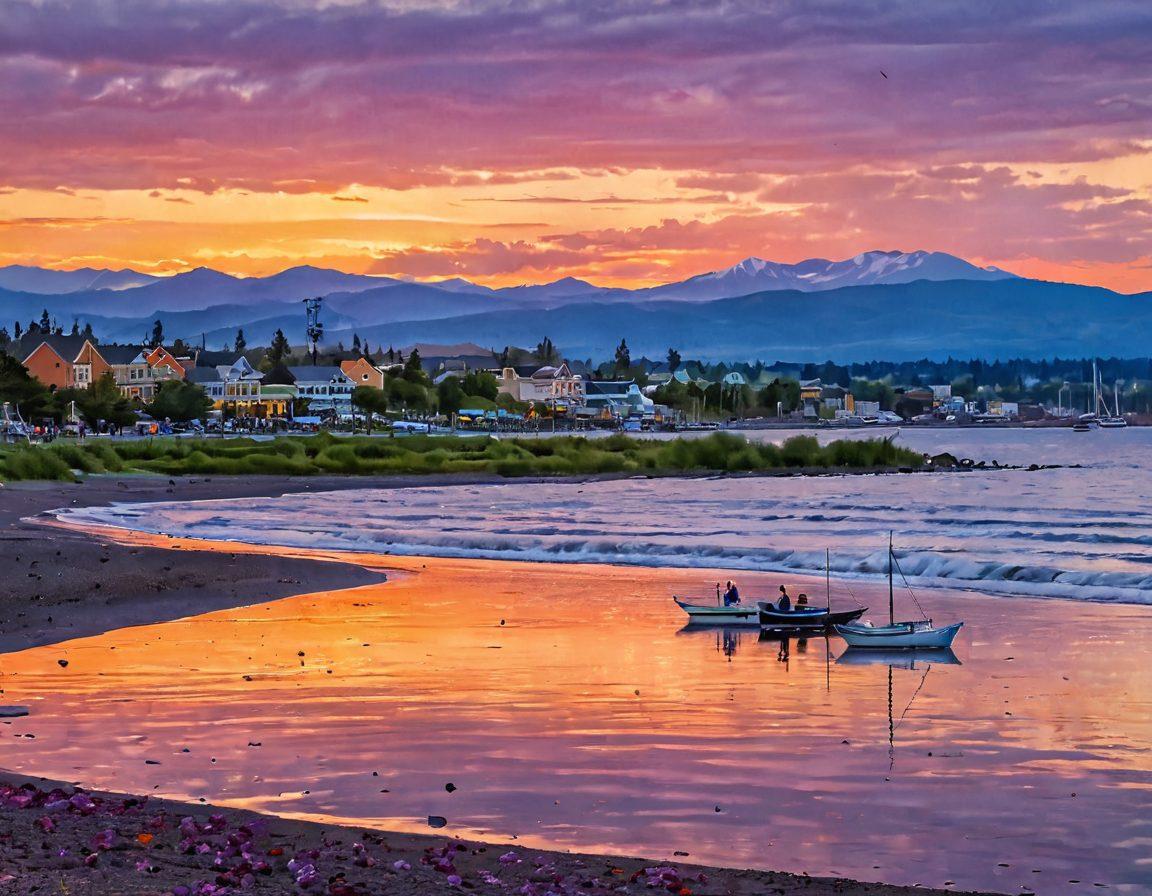 A serene view of Anchorage's Blissful Bayfront at sunset, showcasing softly rolling waves, lush green hills in the background, and silhouettes of happy people enjoying the beach. A warm palette of oranges, pinks, and purples to evoke a sense of peace and joy. Include colorful beach umbrellas and sailboats in the distance for an added touch of bliss. super-realistic. vibrant colors. white background.
