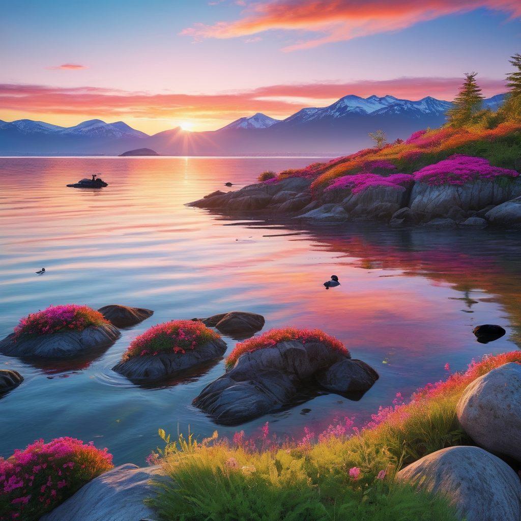 A breathtaking view of Anchorage's ocean bay at sunrise, showcasing crystal-clear waters reflecting vibrant hues of orange and pink. In the foreground, playful sea otters bask on smooth rocks while a distant sailboat glides by. Lush green mountains frame the bay, and a few cheerful birds soar in the clear blue sky. The atmosphere radiates pure joy and tranquility, inviting viewers to imagine the serene experience. super-realistic. vibrant colors. 3D.